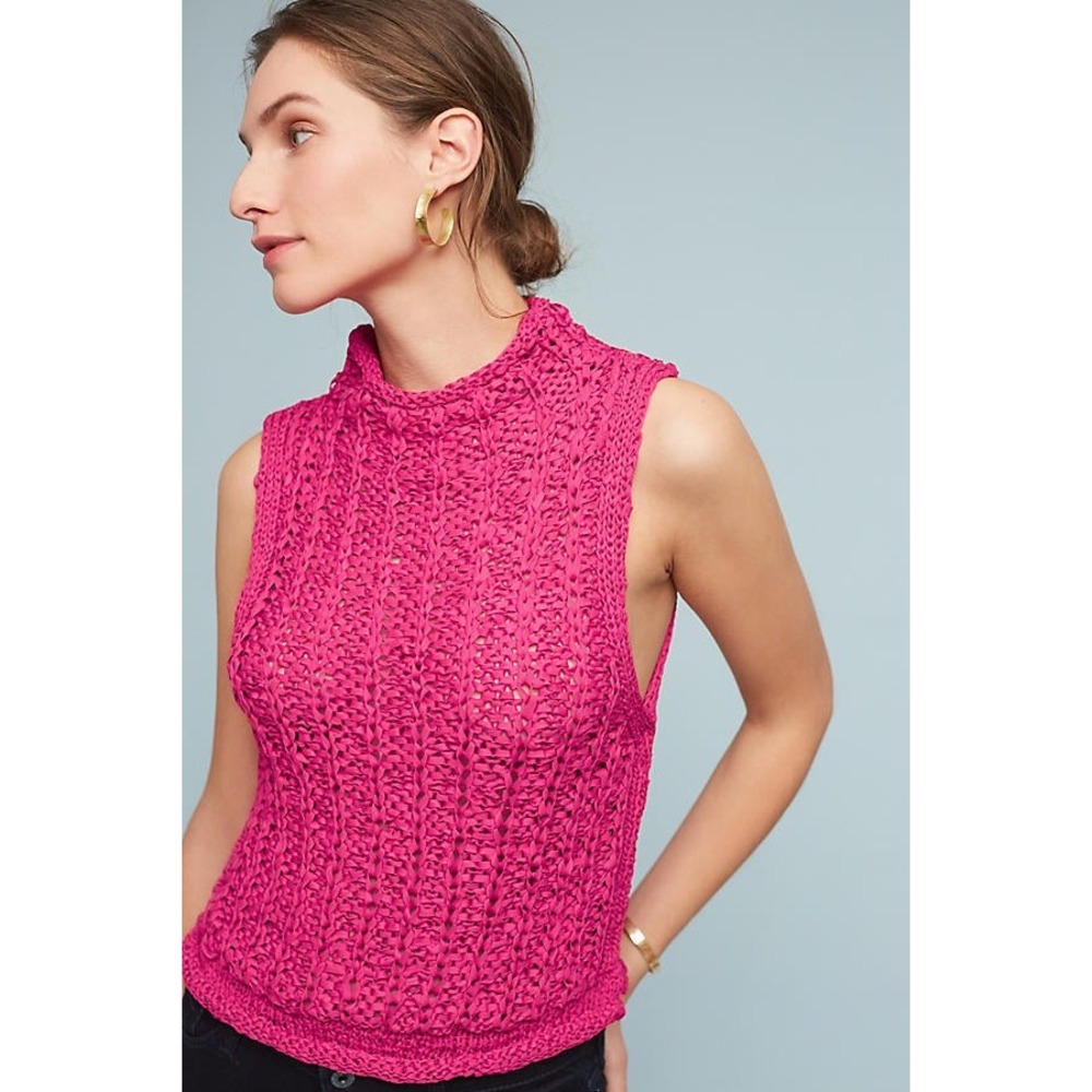 Anthropologie coastal Magenta Pink woven Knit Sleeveless Top Linen cotton S boho